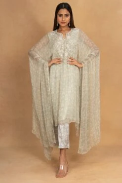 Ahilian Green Floral Embellished Kaftan Set