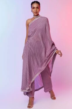 SVA Lilac Printed One Shoulder Sari & Pants