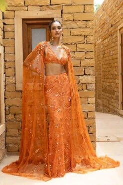 Arpita Mehta Toasted Orange Sequin Embellished Cape Set