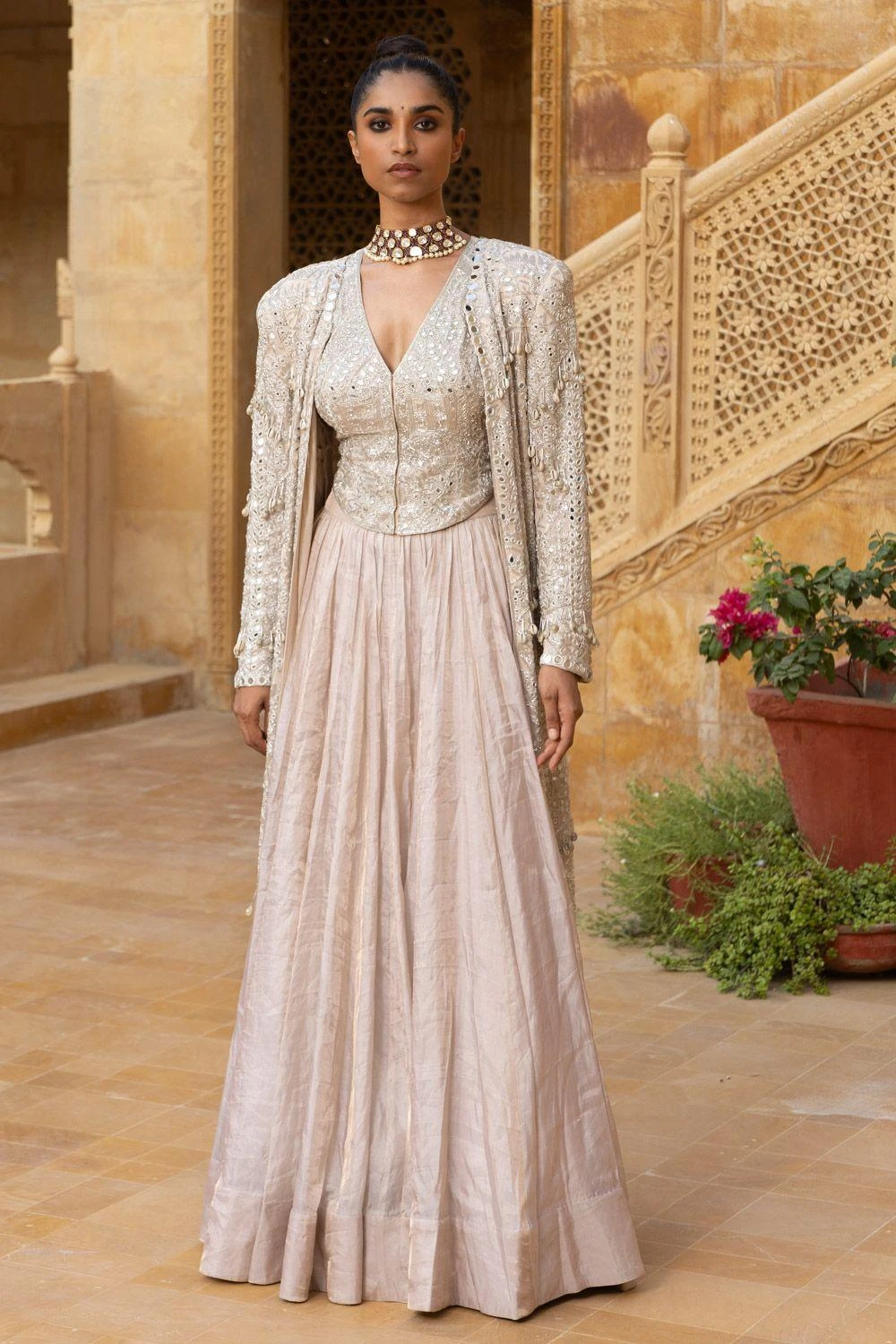 Arpita Mehta Beige Mirror Embellished Jacket Set 3 Arpita Mehta Beige Mirror Embellished Jacket Set