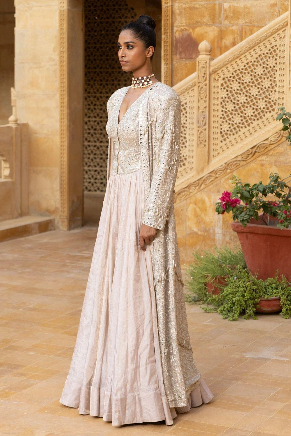 Arpita Mehta Beige Mirror Embellished Jacket Set 4 Arpita Mehta Beige Mirror Embellished Jacket Set - Image 2