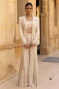 Arpita Mehta Vanilla & Gold Hand Embellished Blazer Set