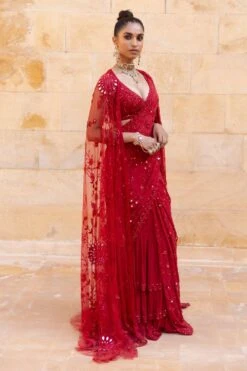 Arpita Mehta Red Hand Embroidered Sari & Cape Set