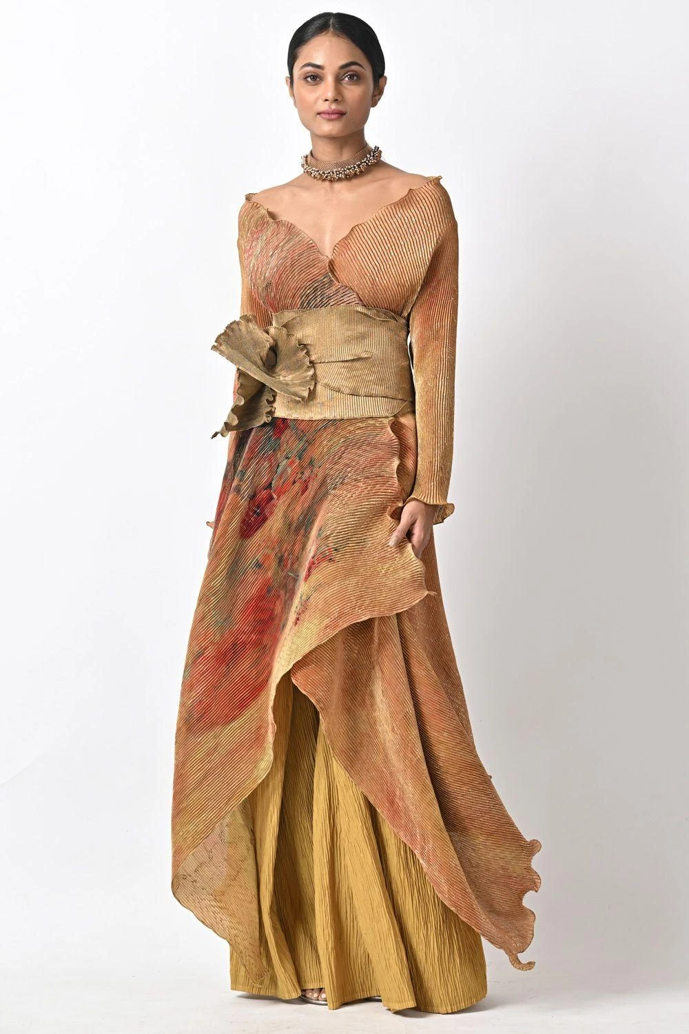 Kiran Uttam Ghosh Gold Pleated Obi Belt 3 Kiran Uttam Ghosh Gold Pleated Obi Belt