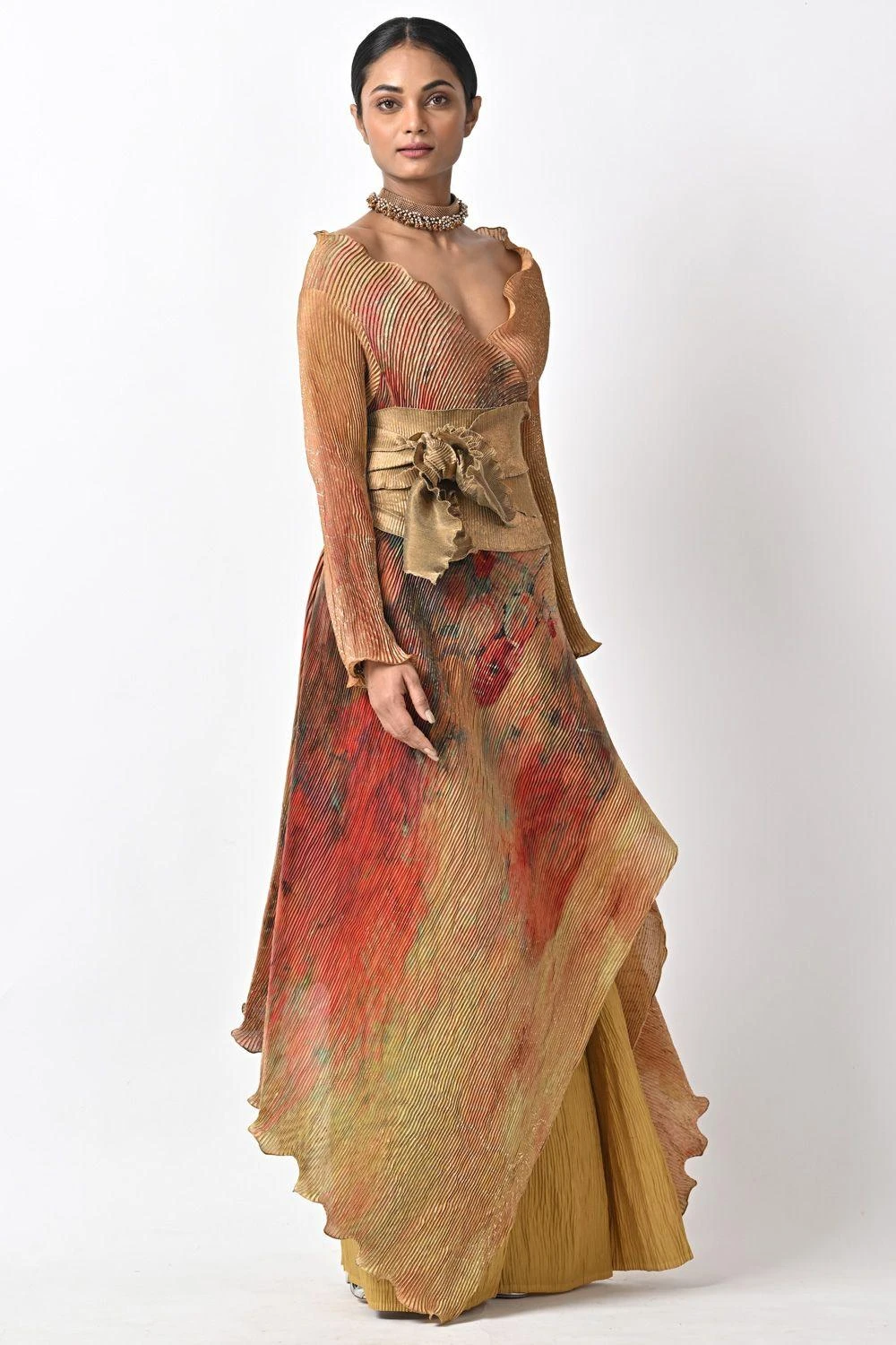 Kiran Uttam Ghosh Gold Pleated Obi Belt 6 Kiran Uttam Ghosh Gold Pleated Obi Belt - Image 4