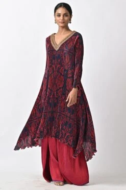 Kiran Uttam Ghosh Maroon Hand Embellished Pleated Kaftan -Inca Sales Store 060523kg07 2