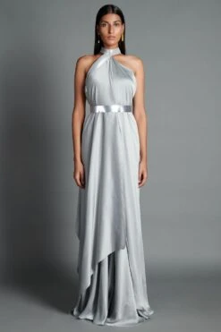 Amit Aggarwal Grey Halter Neck Draped Gown
