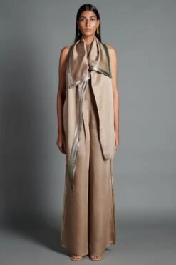 Amit Aggarwal Beige Satin Jacket Set With Metallic Details