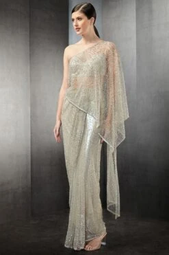 Rohit Gandhi + Rahul Khanna Ivory One Shoulder Embellished Sari Gown -Inca Sales Store 0911rg16 2