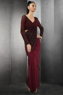 Rohit Gandhi + Rahul Khanna Burgundy Embellished Draped Sari -Inca Sales Store 0911rg20 3