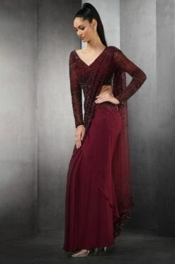 Rohit Gandhi + Rahul Khanna Burgundy Embellished Draped Sari -Inca Sales Store 0911rg20 4