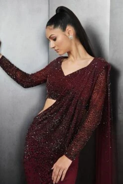 Rohit Gandhi + Rahul Khanna Burgundy Embellished Draped Sari -Inca Sales Store 0911rg20 5