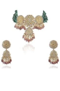 Riana Jewellery Sea Green & Pink Jadtar Necklace Set