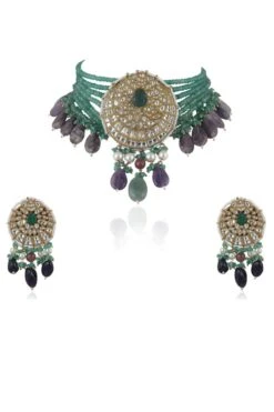 Riana Jewellery Green & Purple Jadtar Necklace Set