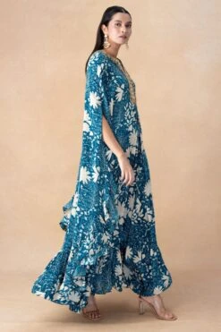 Arpita Mehta Teal Floral Printed Cape Set -Inca Sales Store 101123am12 3