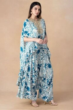 Arpita Mehta Teal Floral Printed Hi-low Cape Set -Inca Sales Store 101123am13 3