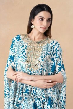 Arpita Mehta Teal Floral Printed Hi-low Cape Set -Inca Sales Store 101123am13 4