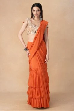 Arpita Mehta Orange Mirror Embellished Tiered Sari Set