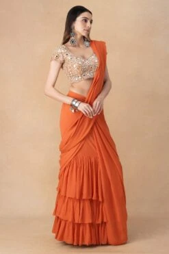 Arpita Mehta Orange Mirror Embellished Tiered Sari Set -Inca Sales Store 101123am4 3