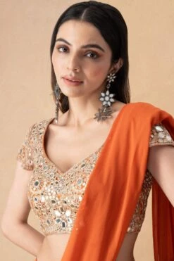Arpita Mehta Orange Mirror Embellished Tiered Sari Set -Inca Sales Store 101123am4 4