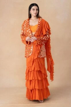 Arpita Mehta Orange Mirror Embellished Tiered Sari & Jacket Set