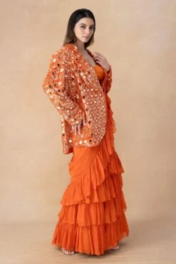 Arpita Mehta Orange Mirror Embellished Tiered Sari & Jacket Set -Inca Sales Store 101123am5 3