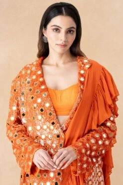 Arpita Mehta Orange Mirror Embellished Tiered Sari & Jacket Set -Inca Sales Store 101123am5 4