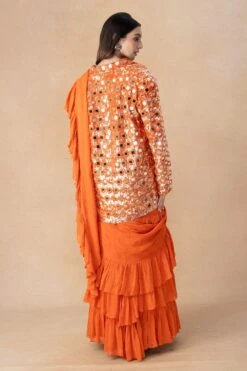 Arpita Mehta Orange Mirror Embellished Tiered Sari & Jacket Set -Inca Sales Store 101123am5 5