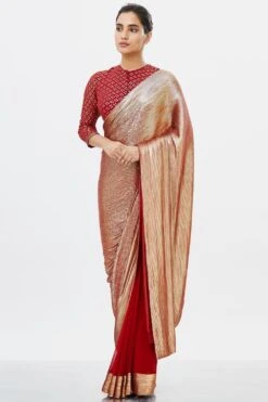 Nakul Sen Red Chiffon Sari With Metallic Palla