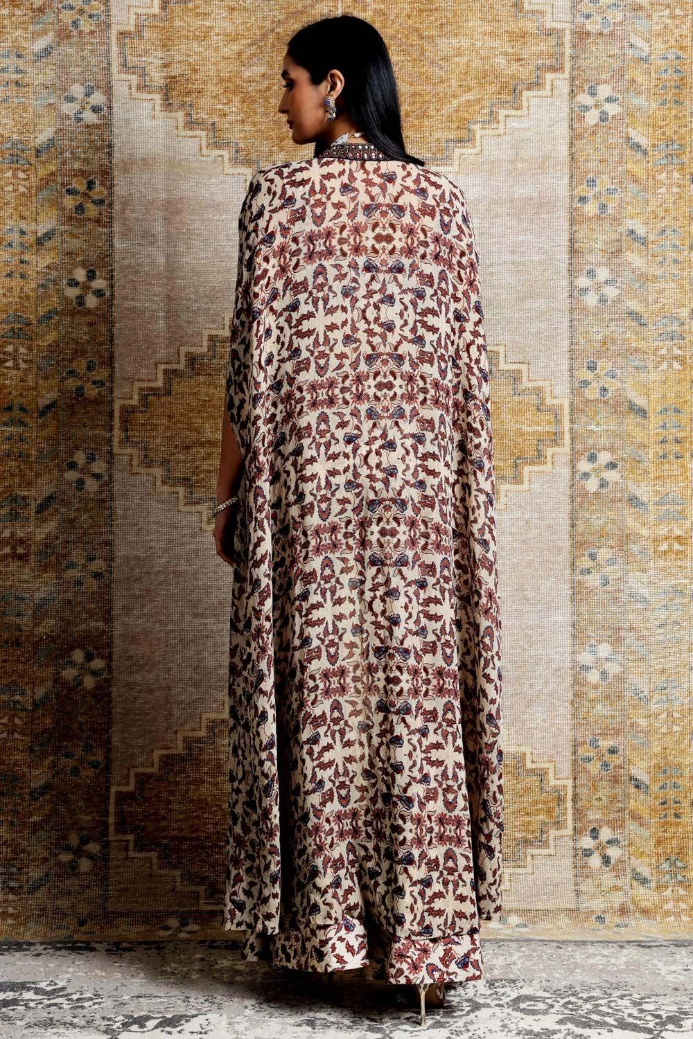 Ridhima Bhasin Beige & Navy Floral Embroidered Cape Set 6 Ridhima Bhasin Beige & Navy Floral Embroidered Cape Set - Image 4