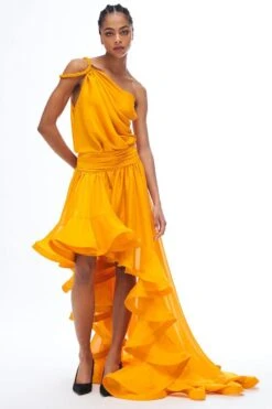 Gauri & Nainika Mustard Asymmetrical High Low Gown