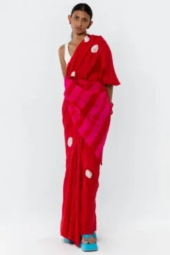 Medium Polka Itajime Silk Sari In Red