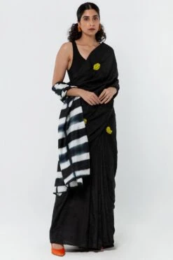 Medium Polka Itajime Silk Sari In Black