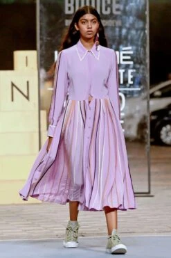 Bodice Lilac Pleated Silk Shirt Dress