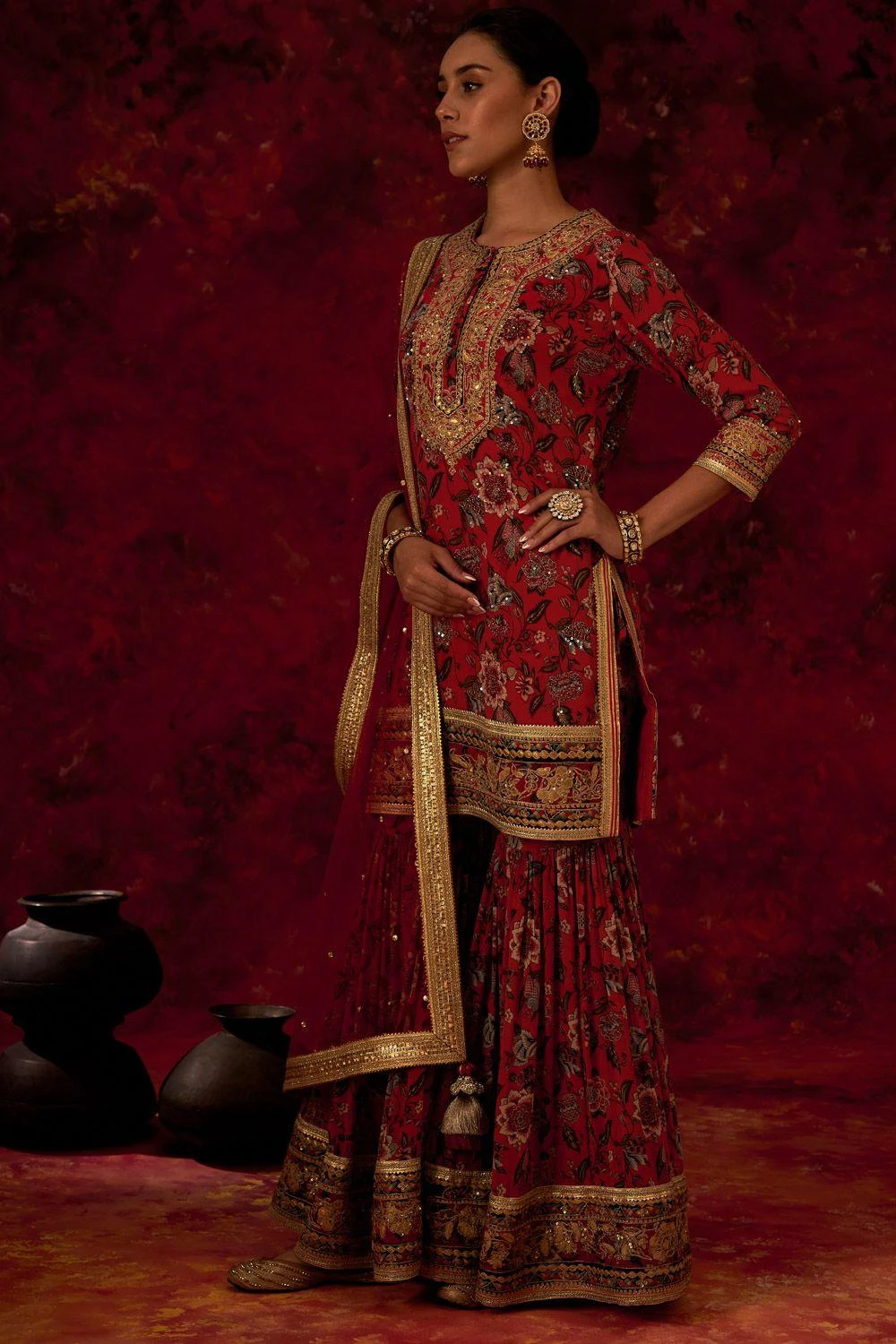 Simar Dugal Coral Red Chintz Printed & Embroidered Sharara Set 3 Simar Dugal Coral Red Chintz Printed & Embroidered Sharara Set