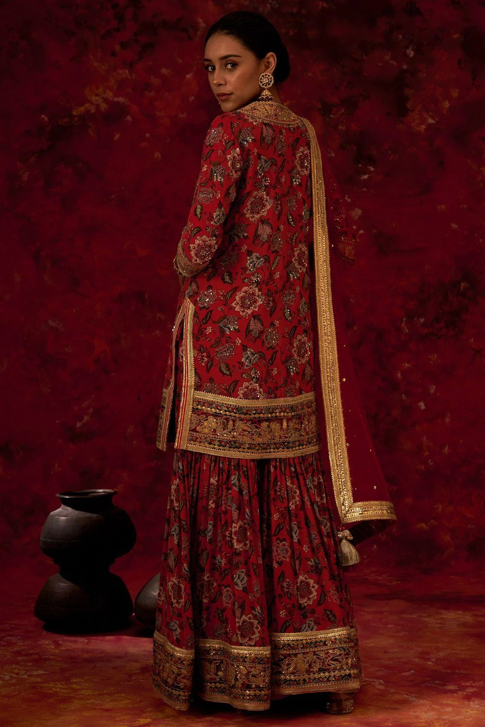 Simar Dugal Coral Red Chintz Printed & Embroidered Sharara Set 4 Simar Dugal Coral Red Chintz Printed & Embroidered Sharara Set - Image 2