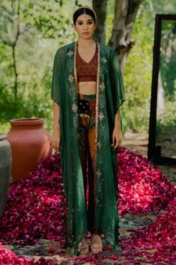 Pooja Keyur Green Aari Embroidered Patchwork Cape Set