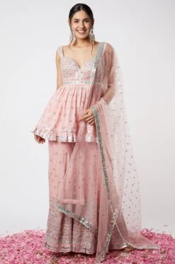 Gopi Vaid Pink Embellished Peplum & Sharara Set