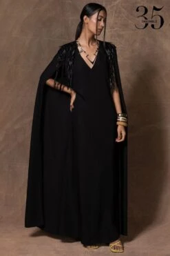 431-88 By Shweta Kapur Black Cape Sleeve Long Dress