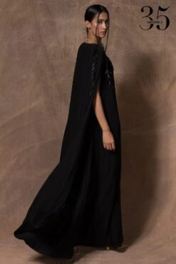 431-88 By Shweta Kapur Black Cape Sleeve Long Dress -Inca Sales Store 115ske17 5