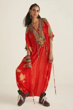 Aseem Kapoor Orange Printed Kaftan Style Jumpsuit Set -Inca Sales Store 117asm45 3