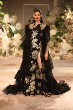 Varun Bahl Black & Gold Embroidered Gown With A Tulle Cape -Inca Sales Store 11923vb13 3