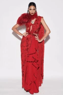 Varun Bahl Vermilion Red Concept Saree With Corset