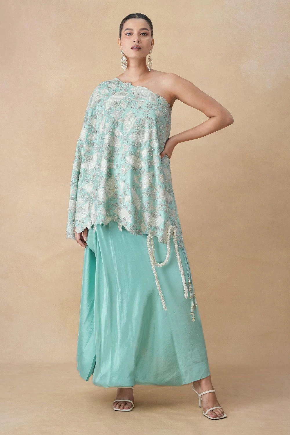 Anamika Khanna Ice Blue Sequin Embellished Drape-Skirt Set 3 Anamika Khanna Ice Blue Sequin Embellished Drape-Skirt Set