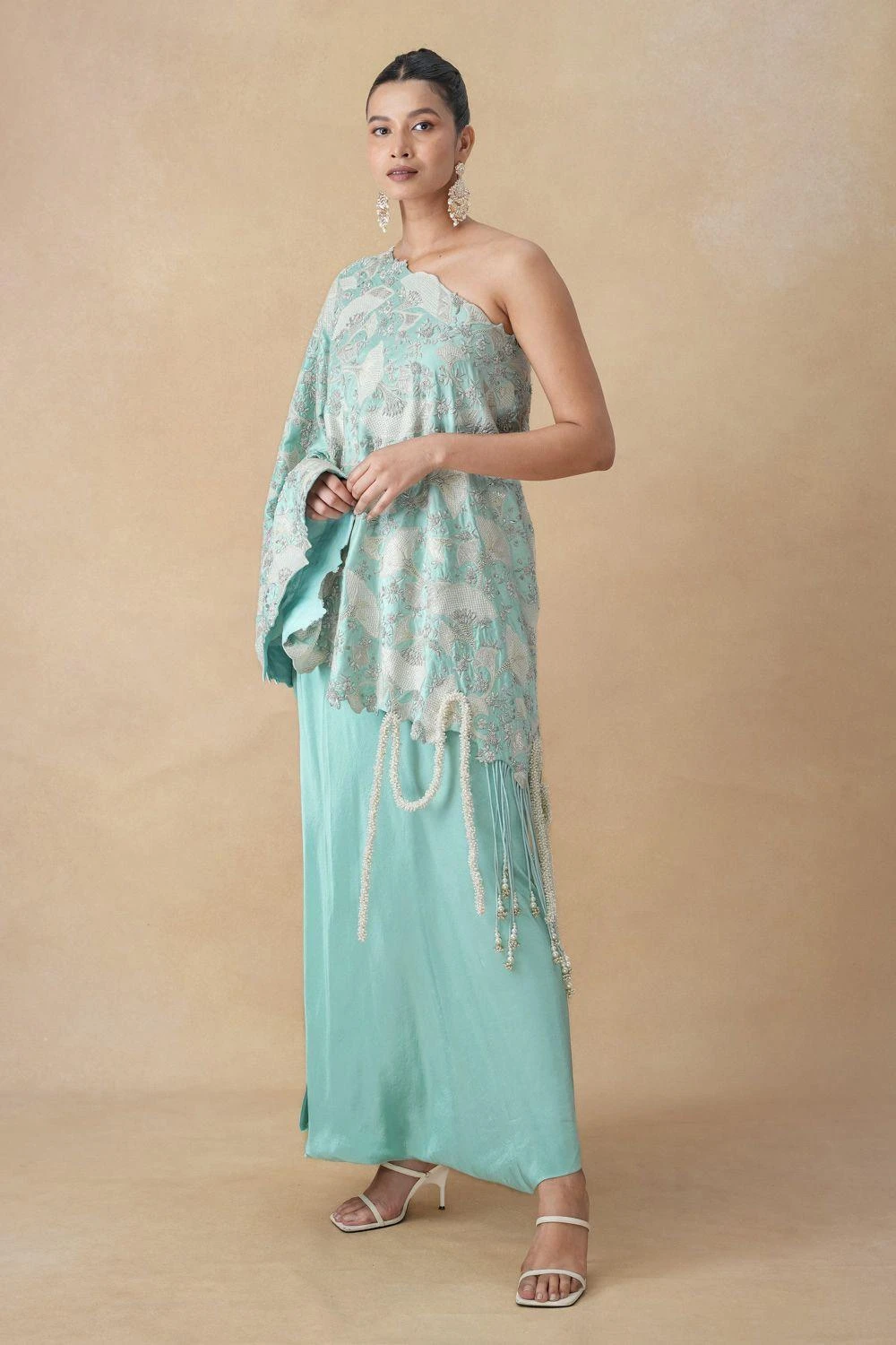 Anamika Khanna Ice Blue Sequin Embellished Drape-Skirt Set 4 Anamika Khanna Ice Blue Sequin Embellished Drape-Skirt Set - Image 2