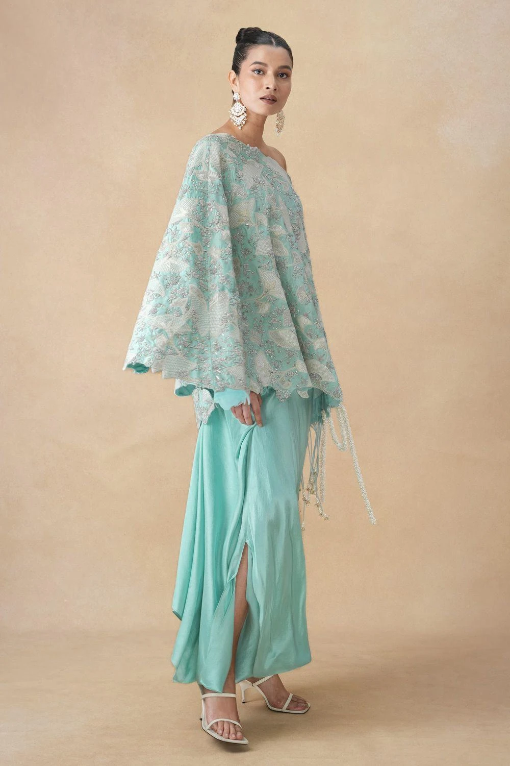 Anamika Khanna Ice Blue Sequin Embellished Drape-Skirt Set 5 Anamika Khanna Ice Blue Sequin Embellished Drape-Skirt Set - Image 3