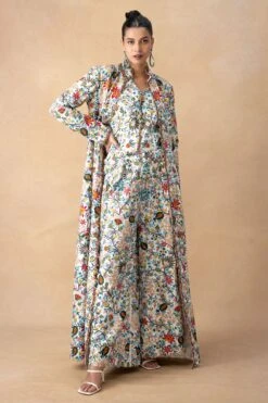 Anamika Khanna Ivory Multi-Floral Print Long Coat-Trouser Set