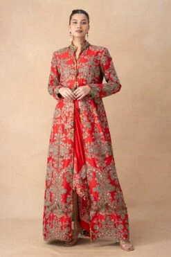 Anamika Khanna Royal Red Floral Embroidered Long Coat-Skirt Set