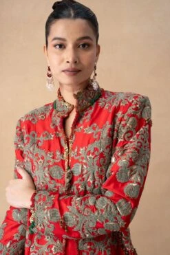 Anamika Khanna Royal Red Floral Embroidered Long Coat-Skirt Set -Inca Sales Store 121223ak16 4