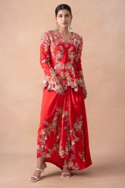 Anamika Khanna Classic Red Floral & Sequin Top-Drape Skirt Set